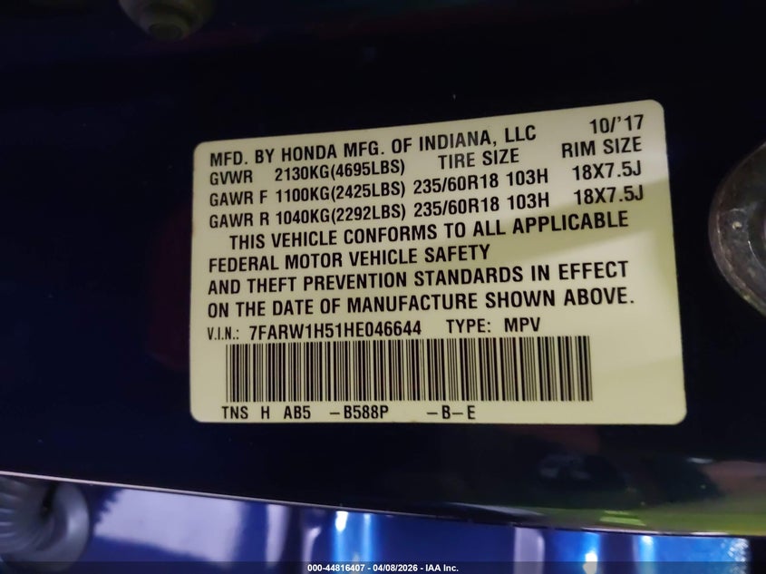 2017 Honda Cr-v 1.5 blue Lot 111044816407 Vin 7FARW1H51HE046644