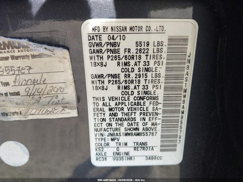 2010 Infiniti Fx35 VIN: JN8AS1MW8AM855787 Lot: 44816424