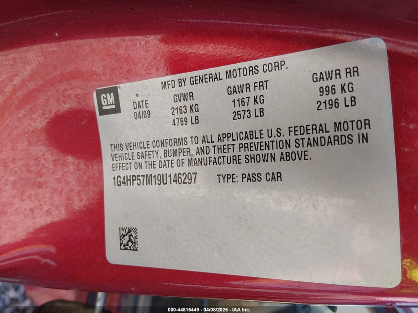 2009 Buick Lucerne Cx VIN: 1G4HP57M19U146297 Lot: 44816449