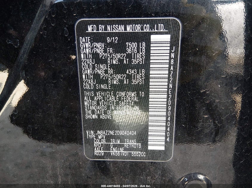 2013 Infiniti Qx56 VIN: JN8AZ2NE2D9040404 Lot: 44816455