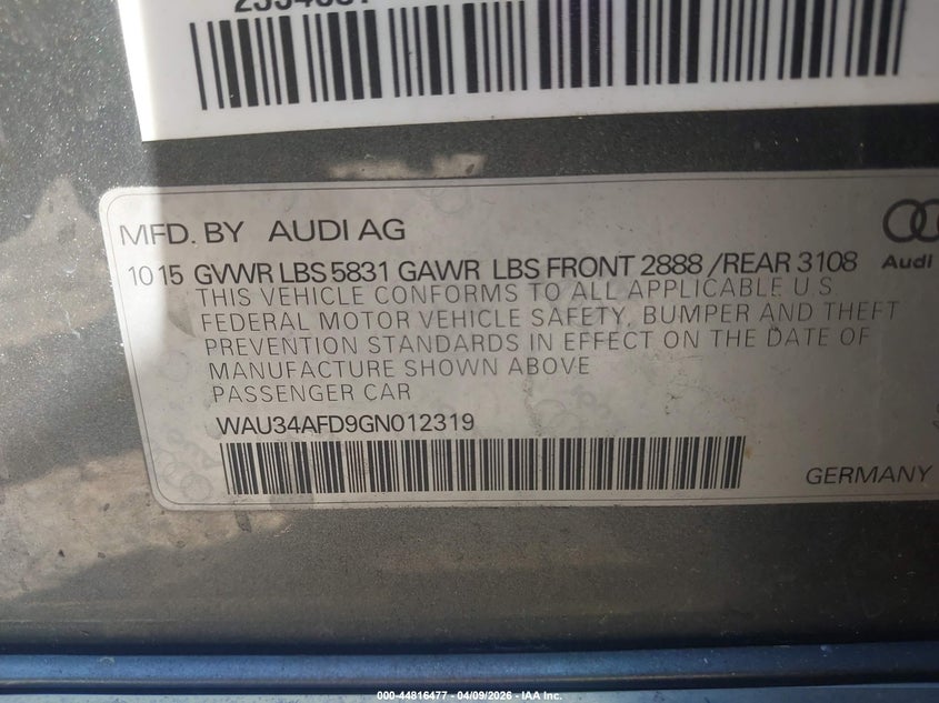 2016 Audi A8 L 3.0T VIN: WAU34AFD9GN012319 Lot: 44816477