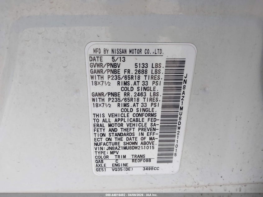 2013 Nissan Murano Sv VIN: JN8AZ1MU8DW211015 Lot: 44816482