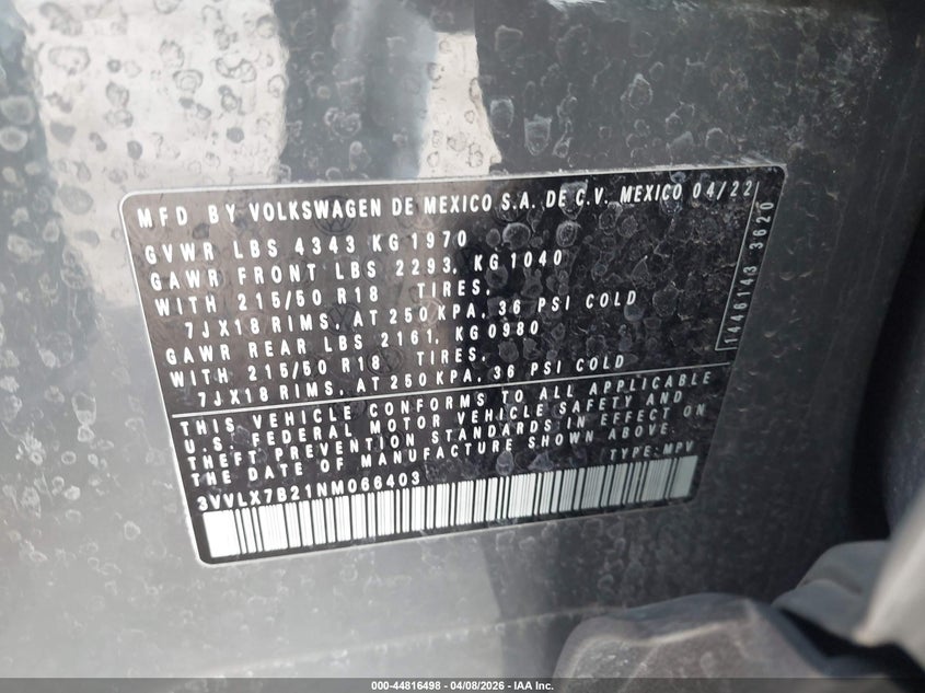 2022 Volkswagen Taos 1.5T Se VIN: 3VVLX7B21NM066403 Lot: 44816498