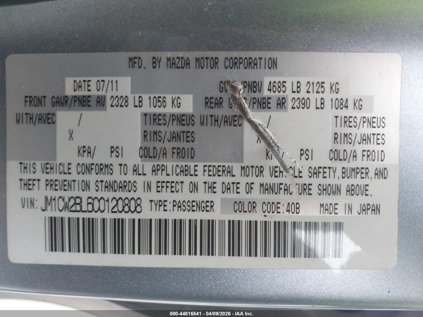 2012 Mazda Mazda5 Sport VIN: JM1CW2BL6C0120808 Lot: 44816541