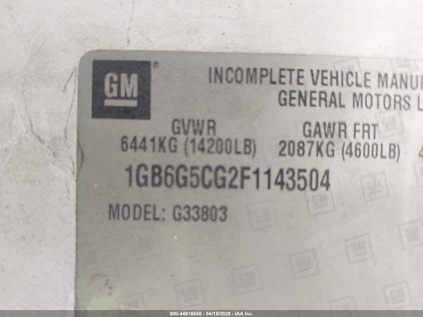 2015 Chevrolet Express Cutaway 4500 VIN: 1GB6G5CG2F1143504 Lot: 44816558