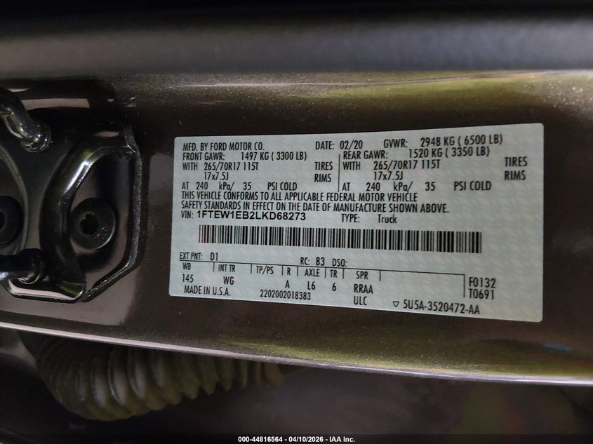 VIN 1FTEW1EB2LKD68273 2020 FORD F-150 XL