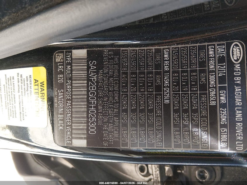 2015 Land Rover Range Rover Evoque Pure VIN: SALVP2BG0FH025300 Lot: 44816598