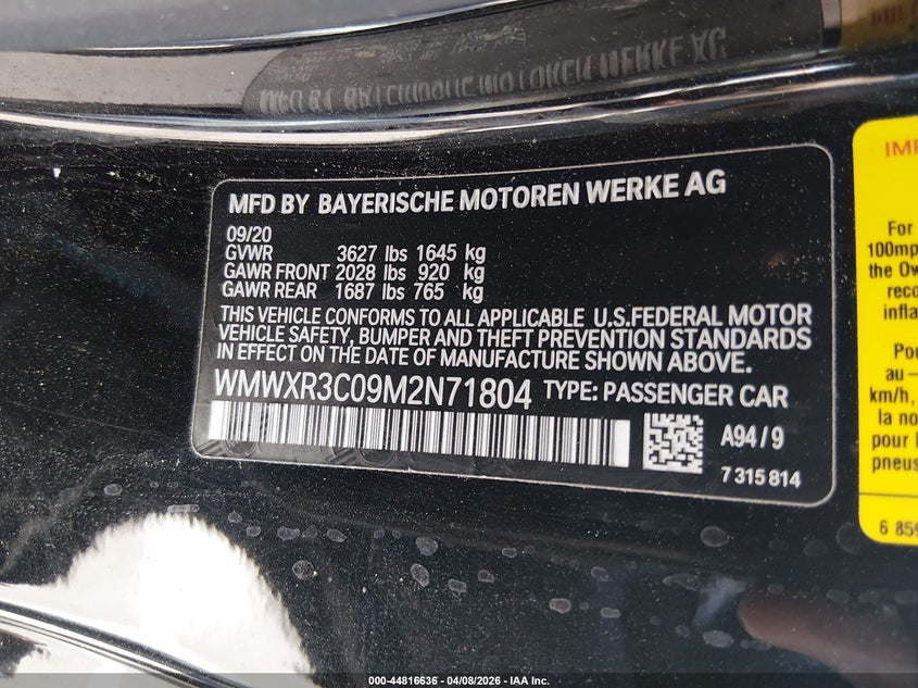 2021 Mini Hardtop Cooper VIN: WMWXR3C09M2N71804 Lot: 44816636