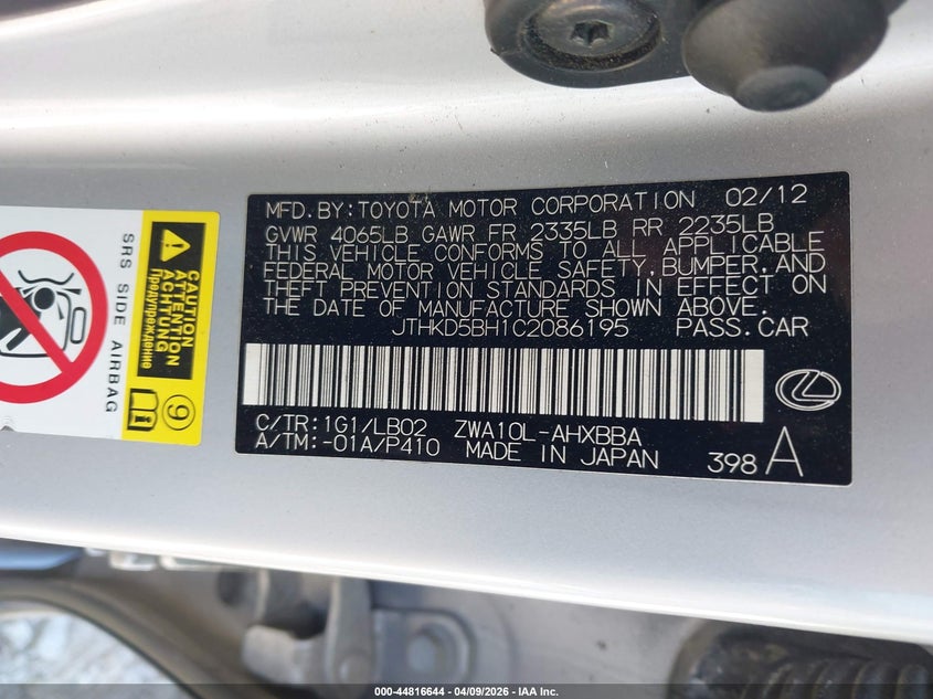 2012 Lexus Ct 200H Premium VIN: JTHKD5BH1C2086195 Lot: 44816644