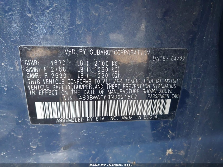 2022 Subaru Legacy Premium VIN: 4S3BWAC63N3021802 Lot: 44816693