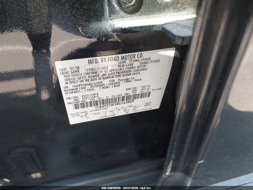 2008 Ford Taurus Limited VIN: 1FAHP25W58G164909 Lot: 44816735