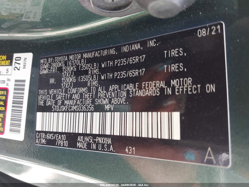 2021 Toyota Sienna Xle VIN: 5TDJSKFCXMS036356 Lot: 44816738