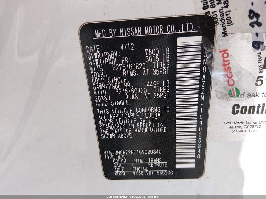 2012 Infiniti Qx56 VIN: JN8AZ2NE1C9020840 Lot: 44816752