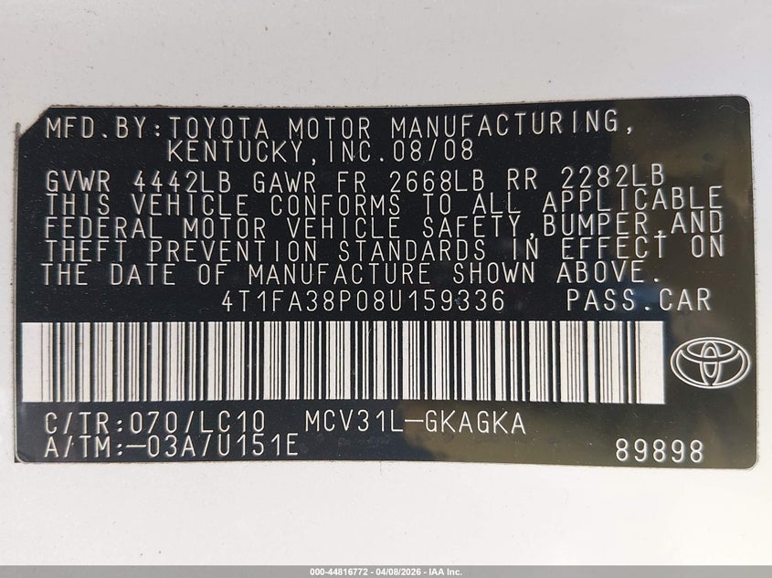 2008 Toyota Camry Solara Sle VIN: 4T1FA38P08U159336 Lot: 44816772