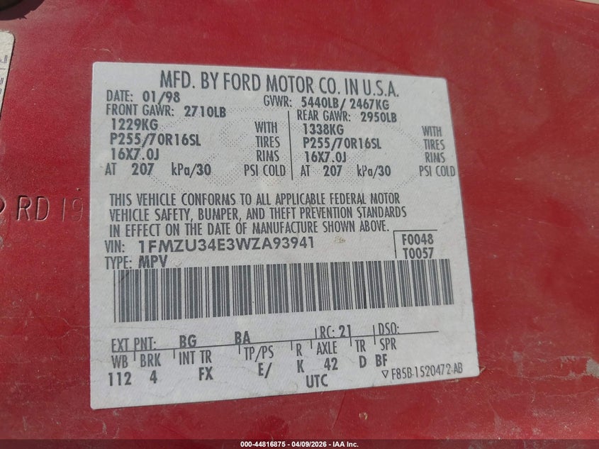 1998 Ford Explorer Eddie Bauer/Limited/Xl/Xlt VIN: 1FMZU34E3WZA93941 Lot: 44816875