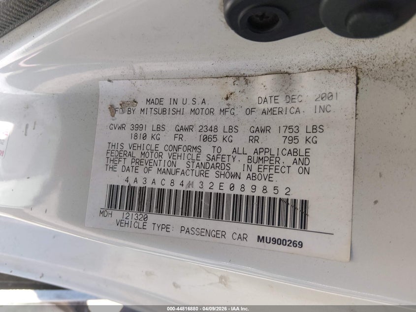 2002 Mitsubishi Eclipse Gt/Gt W/Premium Pkg VIN: 4A3AC84H32E089852 Lot: 44816880