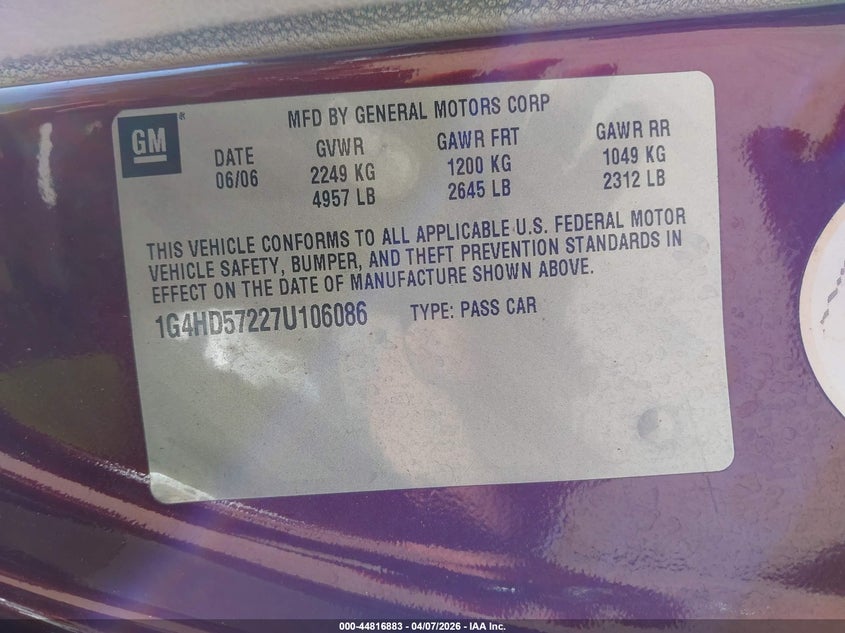 2007 Buick Lucerne Cxl VIN: 1G4HD57227U106086 Lot: 44816883