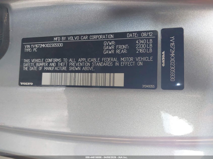 2013 Volvo C30 T5/T5 Platinum/T5 Premier/T5 Premier Plus/T5 R-Design/T5 R-Design Platinum/T5 R-Design Premier VIN: YV1672MKXD2305930 Lot: 44816886