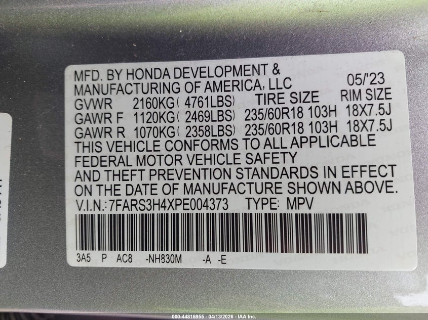 VIN 7FARS3H4XPE004373 2023 HONDA CR-V EX 2WD