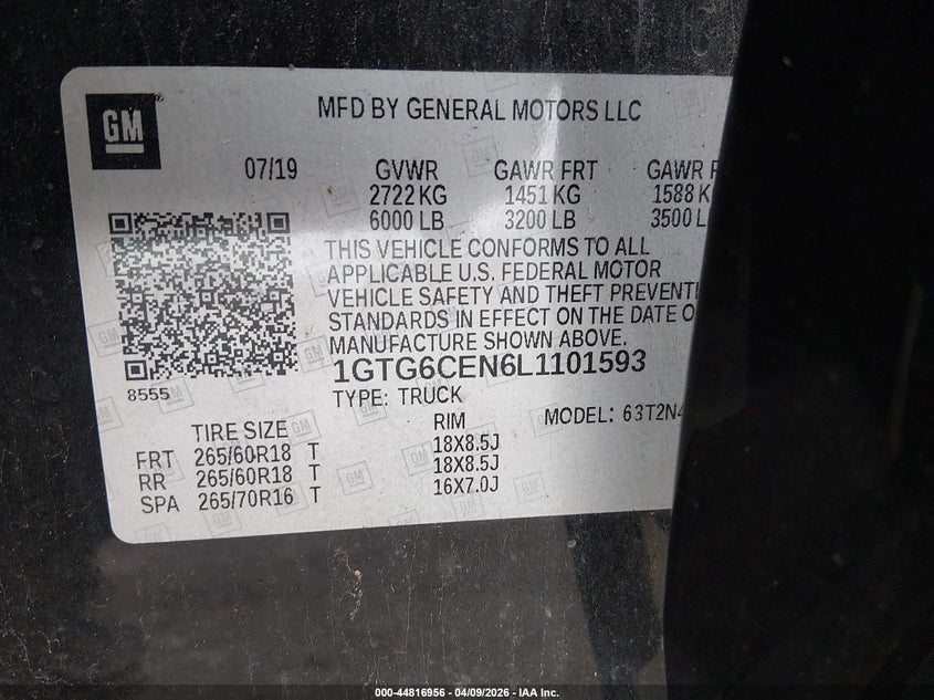 2020 GMC Canyon 4Wd Short Box Sle VIN: 1GTG6CEN6L1101593 Lot: 44816956