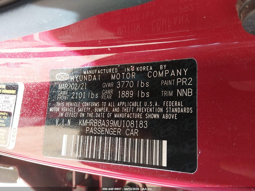 2021 Hyundai Venue Se VIN: KMHRB8A39MU108183 Lot: 44816957