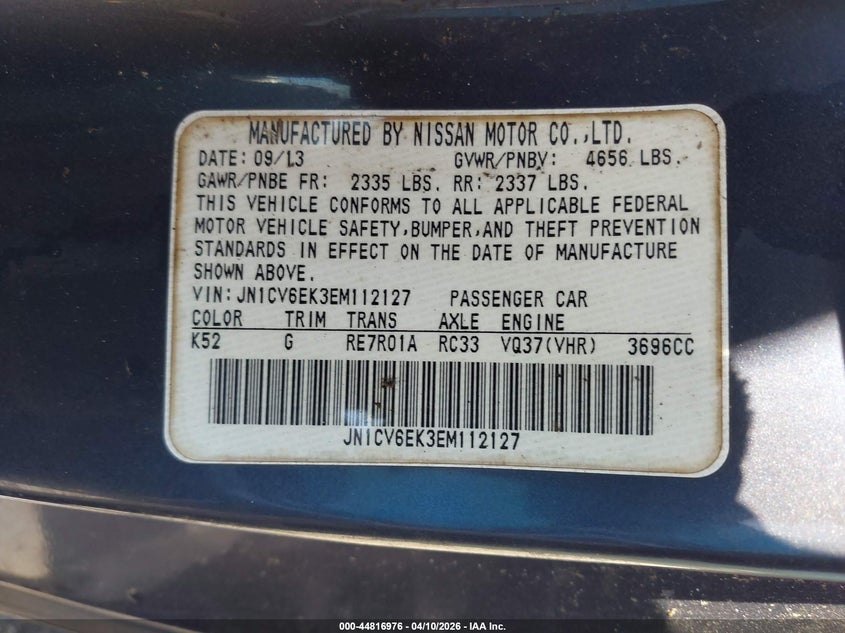 2014 Infiniti Q60 Journey VIN: JN1CV6EK3EM112127 Lot: 44816976