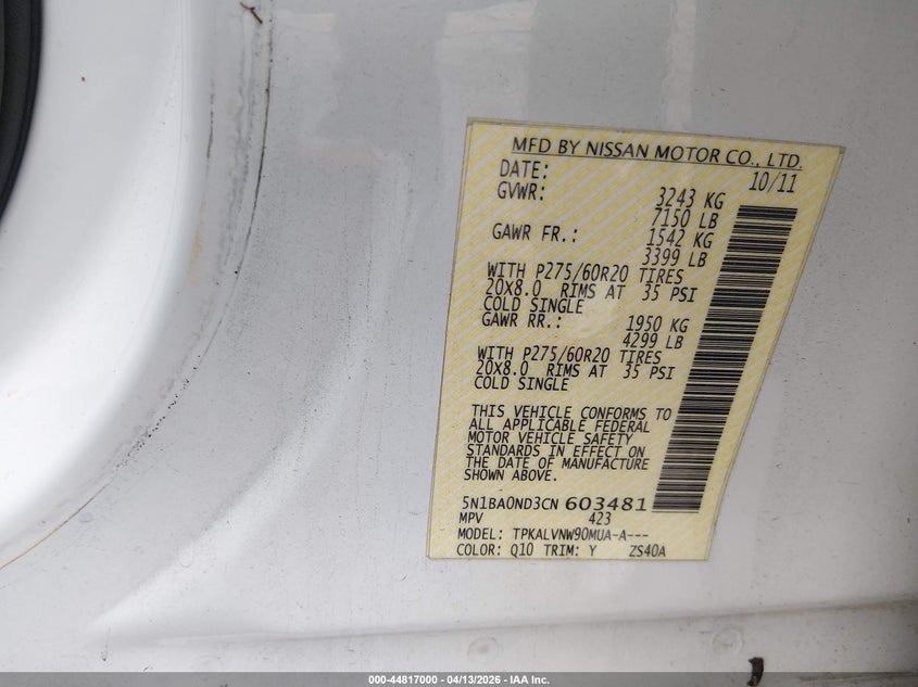 2012 Nissan Armada Sl VIN: 5N1BA0ND3CN603481 Lot: 44817000