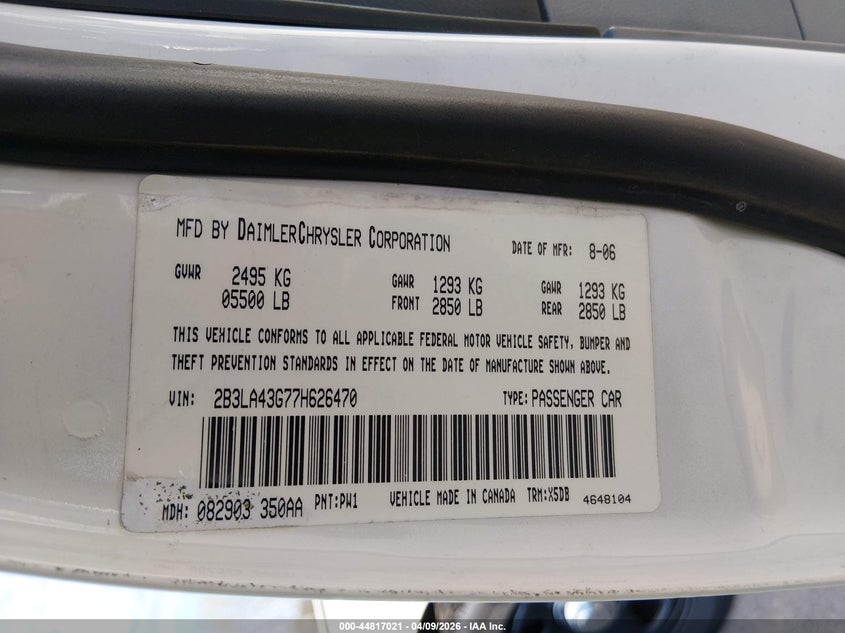 2007 Dodge Charger VIN: 2B3LA43G77H626470 Lot: 44817021