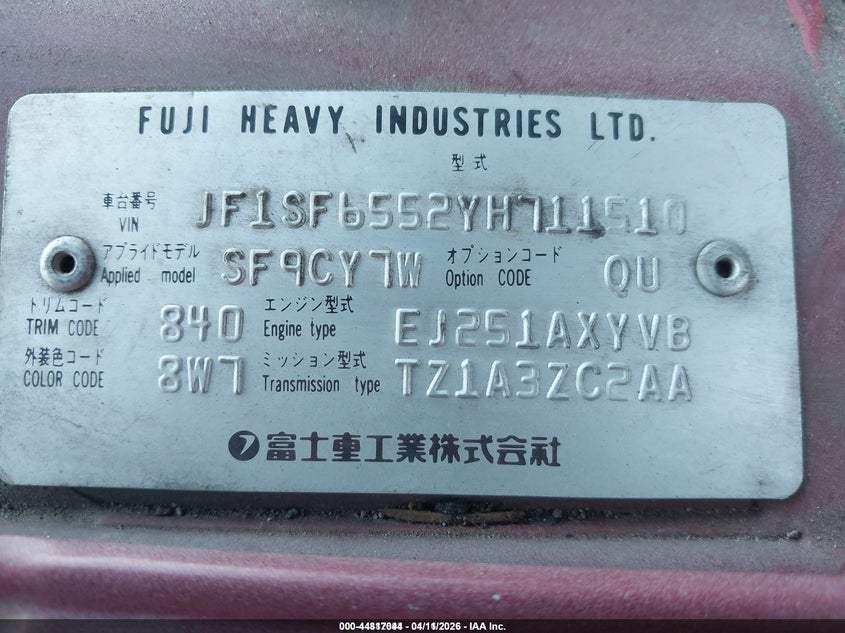 2000 Subaru Forester S VIN: JF1SF6552YH711510 Lot: 44817044