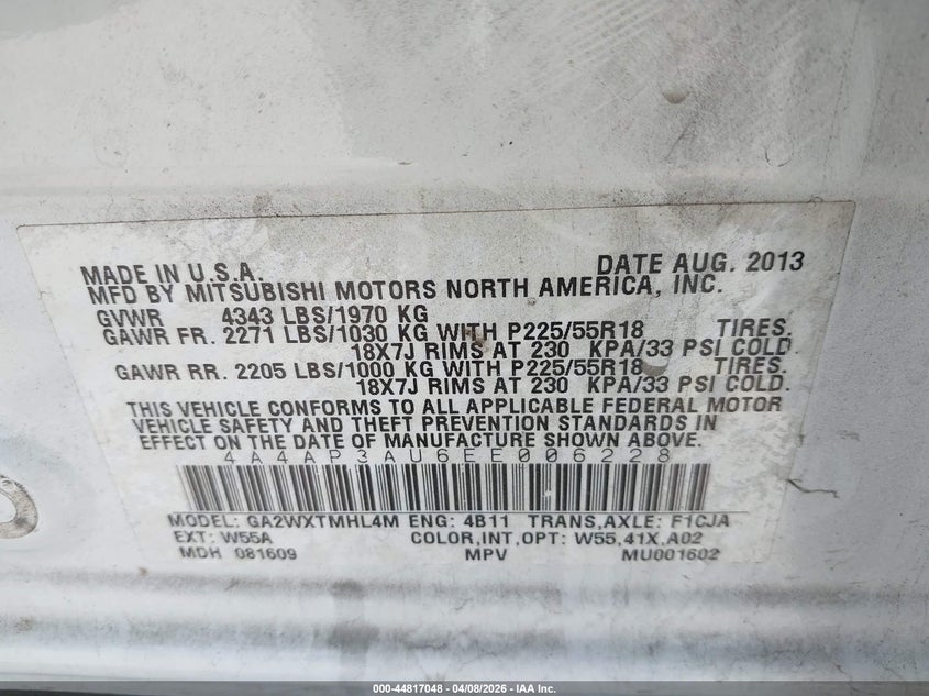 2014 Mitsubishi Outlander Sport Es VIN: 4A4AP3AU6EE006228 Lot: 44817048