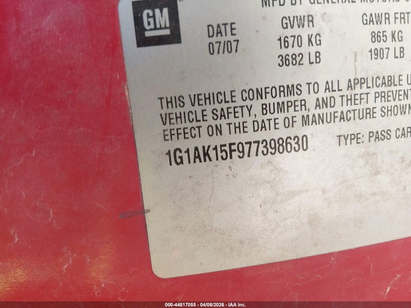 2007 Chevrolet Cobalt Ls VIN: 1G1AK15F977398630 Lot: 44817055