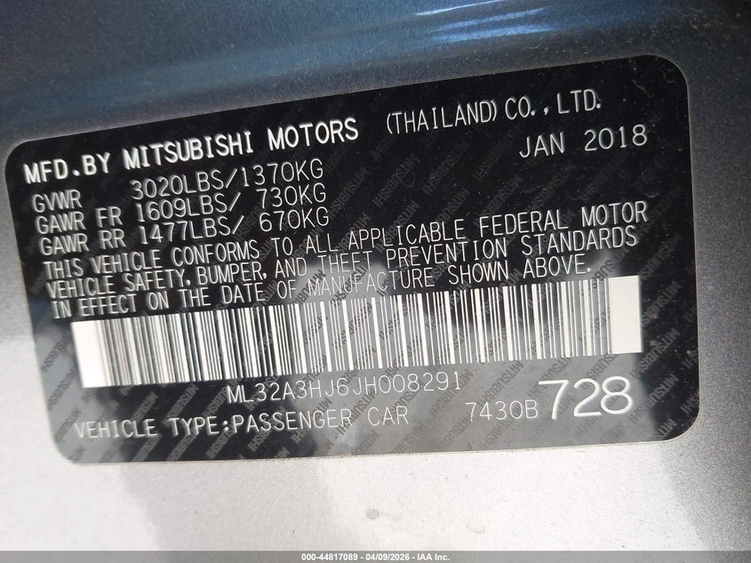 2018 Mitsubishi Mirage Es VIN: ML32A3HJ6JH008291 Lot: 44817089