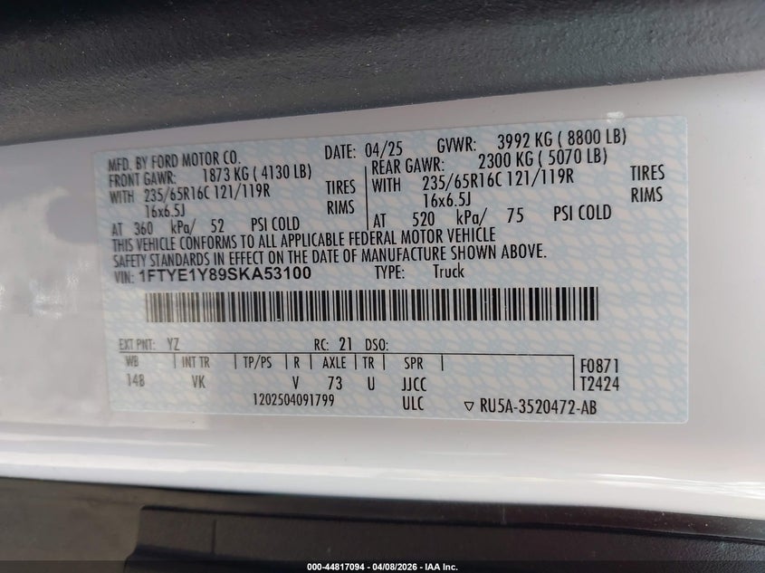 2025 Ford 3.5 Transit-150 white Lot 111044817094 Vin 1FTYE1Y89SKA53100