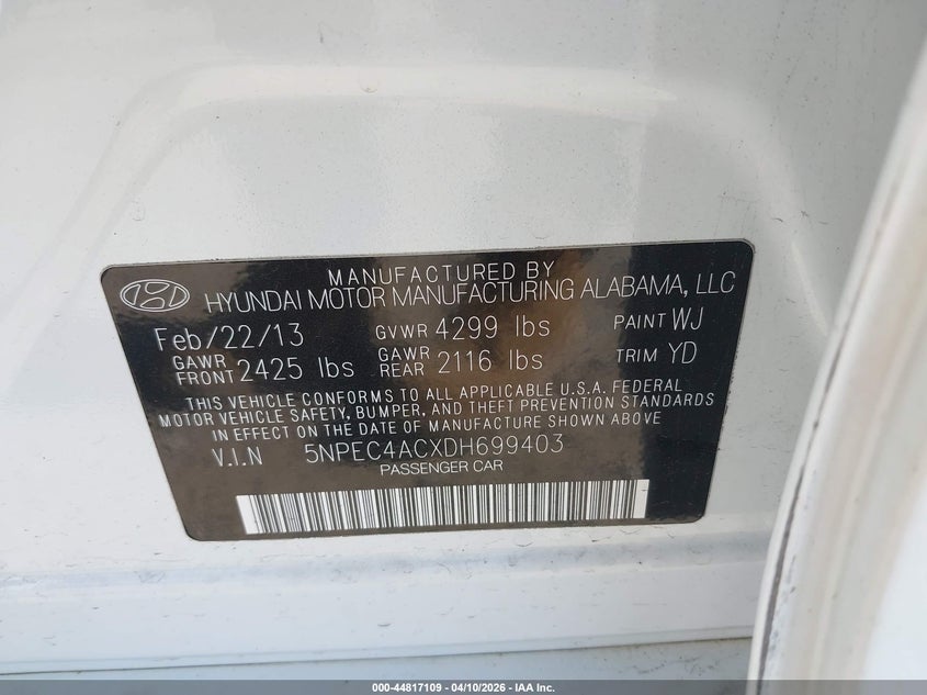 2013 Hyundai Sonata 2.4 Limited white Lot 111044817109 Vin 5NPEC4ACXDH699403