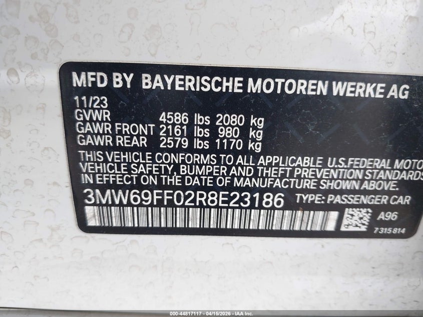 2024 BMW 330I VIN: 3MW69FF02R8E23186 Lot: 44817117