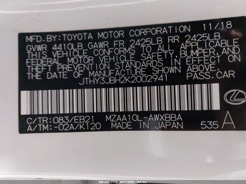 2019 Lexus Ux 200 F Sport VIN: JTHY3JBH2K2002941 Lot: 44817119