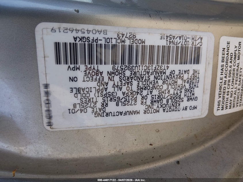 2001 Toyota Sienna Le VIN: 4T3ZF13C11U392579 Lot: 44817122