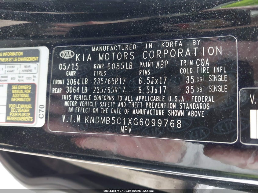 2016 Kia Sedona Lx VIN: KNDMB5C1XG6099768 Lot: 44817127