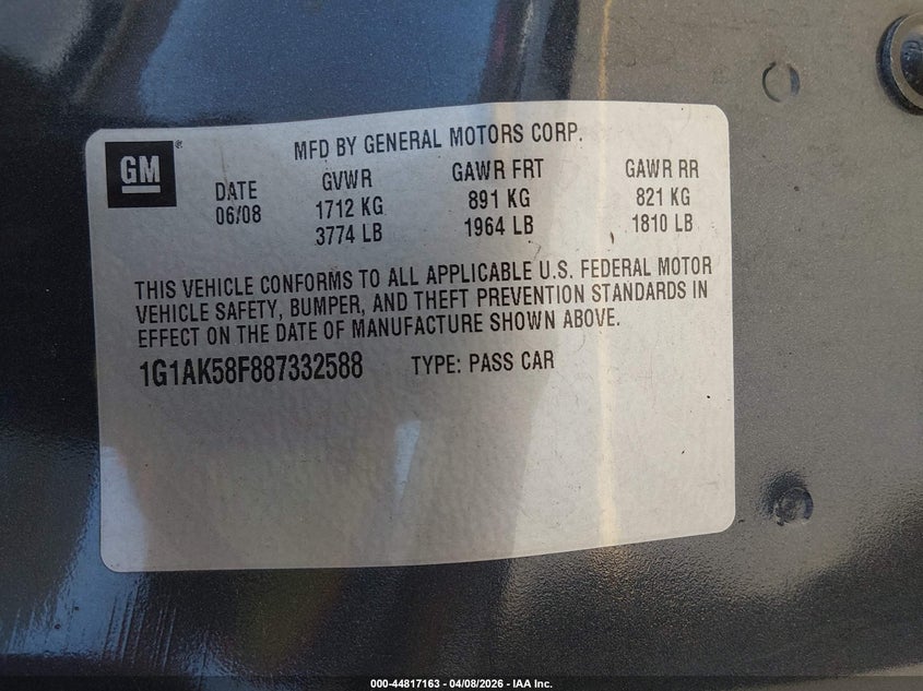 2008 Chevrolet Cobalt Ls VIN: 1G1AK58F887332588 Lot: 44817163
