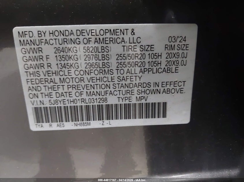 2024 Acura Mdx A-Spec VIN: 5J8YE1H01RL031298 Lot: 44817167
