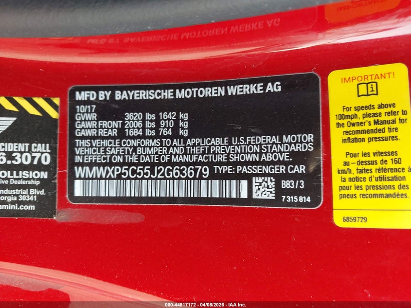 2018 Mini Hardtop Cooper/Oxford Edition VIN: WMWXP5C55J2G63679 Lot: 44817172