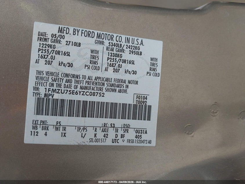 2000 Ford Explorer Limited VIN: 1FMZU75E6YZC08752 Lot: 44817173