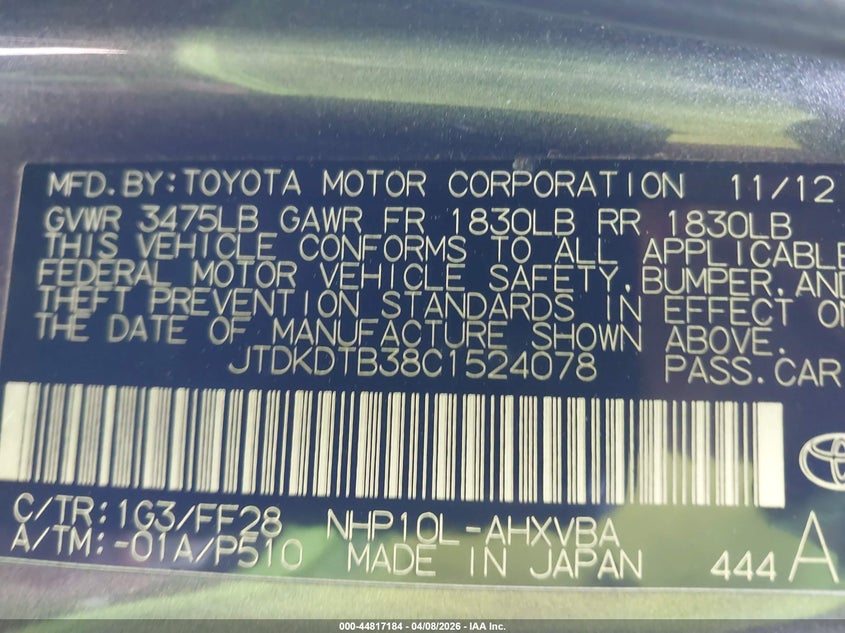 2012 Toyota Prius C Two VIN: JTDKDTB38C1524078 Lot: 44817184