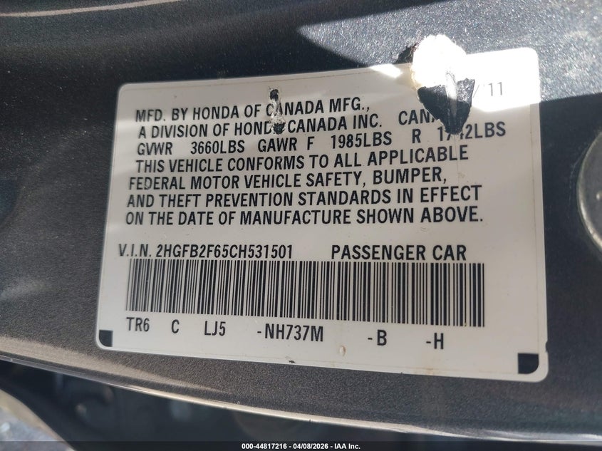 2012 Honda Civic 1.8 Hf grey Lot 111044817216 Vin 2HGFB2F65CH531501