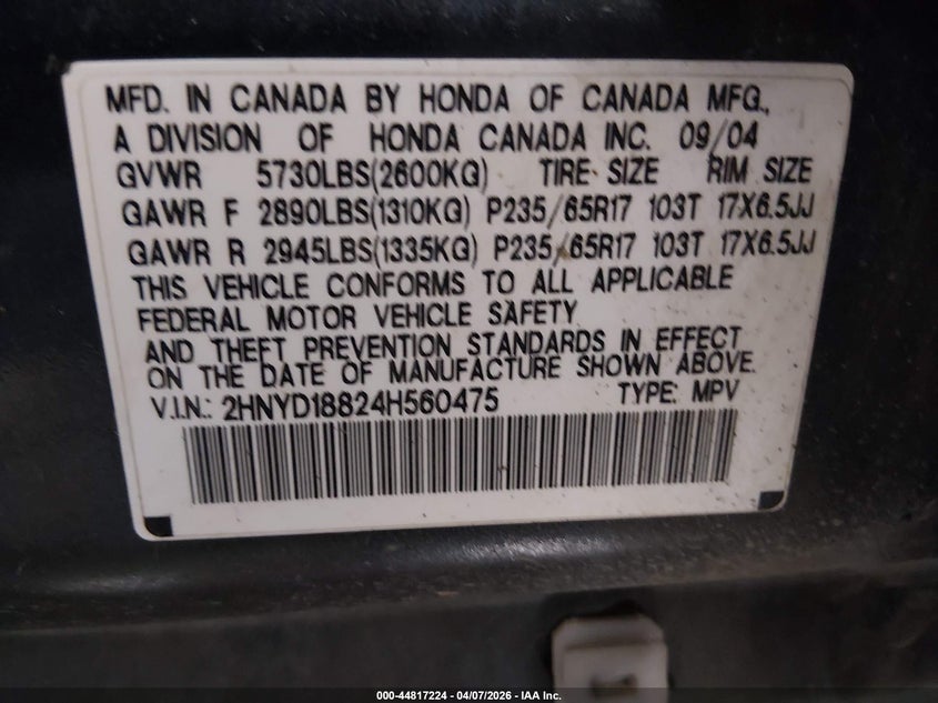 2004 Acura Mdx VIN: 2HNYD18824H560475 Lot: 44817224