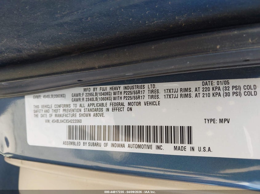 2005 Subaru Outback 3.0R VIN: 4S4BL84CX54222060 Lot: 44817235
