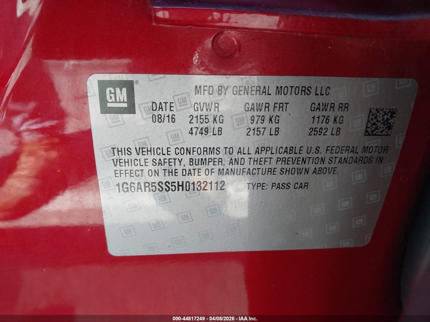 2017 Cadillac Cts Luxury VIN: 1G6AR5SS5H0132112 Lot: 44817249