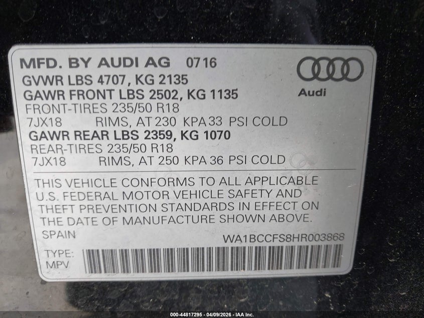 2017 Audi Q3 2.0T Premium VIN: WA1BCCFS8HR003868 Lot: 44817295