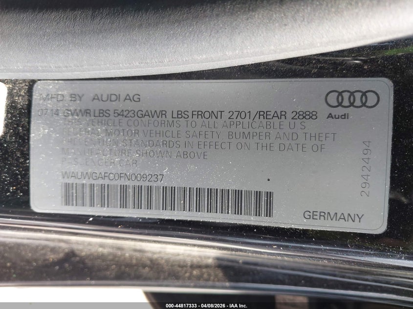 2015 Audi A7 3.0T Premium Plus VIN: WAUWGAFC0FN009237 Lot: 44817333