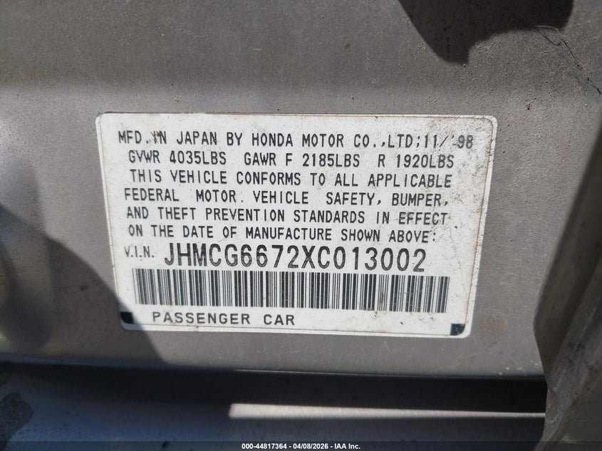 1999 Honda Accord Ex VIN: JHMCG6672XC013002 Lot: 44817364
